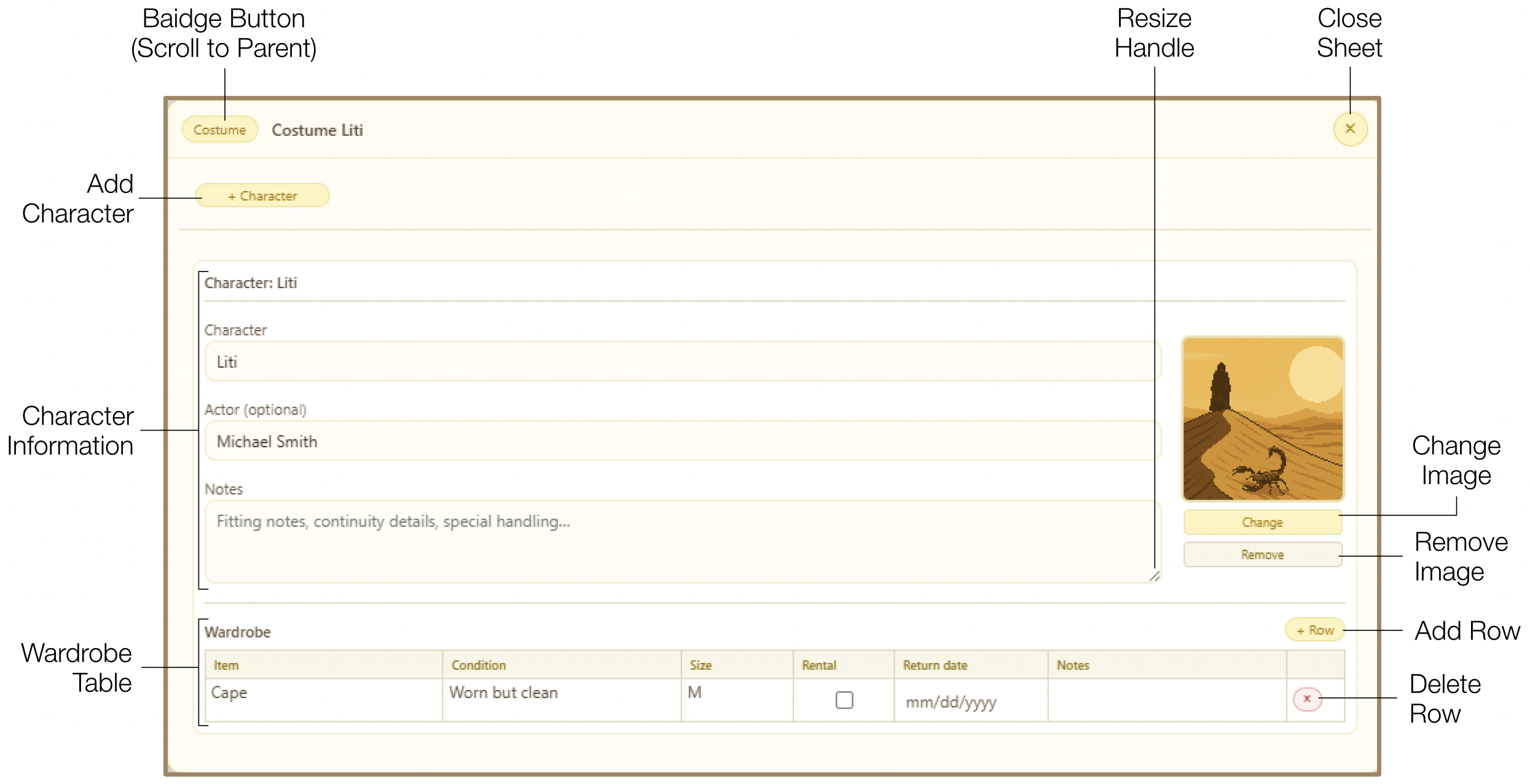 Costume spreadsheet detailed wardrobe tracking with rental dates and notes